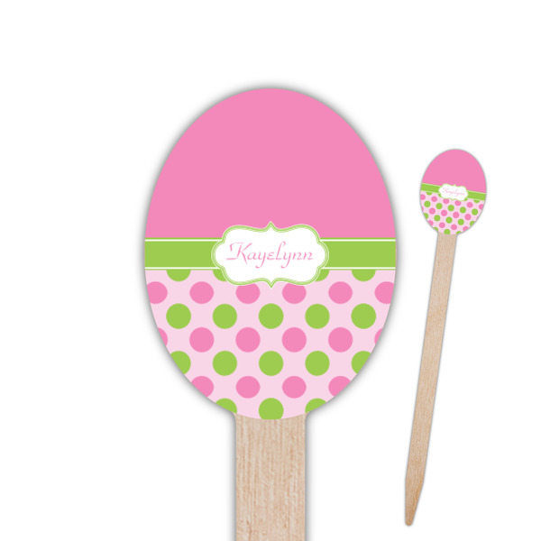 Custom Pink & Green Dots Oval Wooden Food Picks - Double Sided (Personalized)