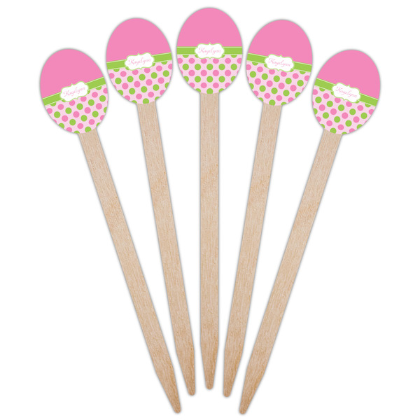 Pink & Green Dots Wooden Food Pick - Oval - Fan View