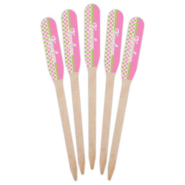 Pink & Green Dots Wooden Food Pick - Paddle - Fan View