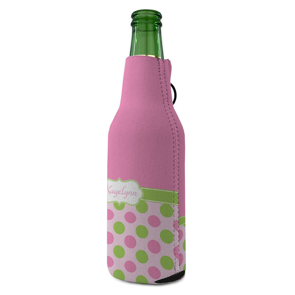Pink & Green Dots Zipper Bottle Cooler - ANGLE (bottle)