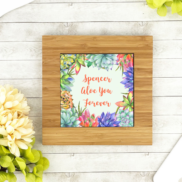 Succulents Bamboo Trivet with 6" Tile - LIFESTYLE