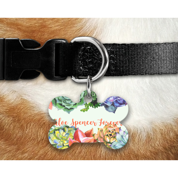 Succulents Bone Shaped Dog Tag on Collar & Dog