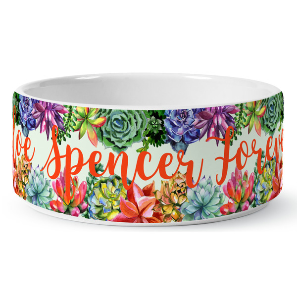 Succulents Ceramic Dog Bowl - Medium - Front
