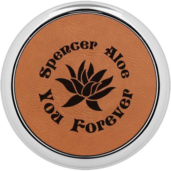 Custom Succulents Leatherette Round Coaster w/ Silver Edge (Personalized)