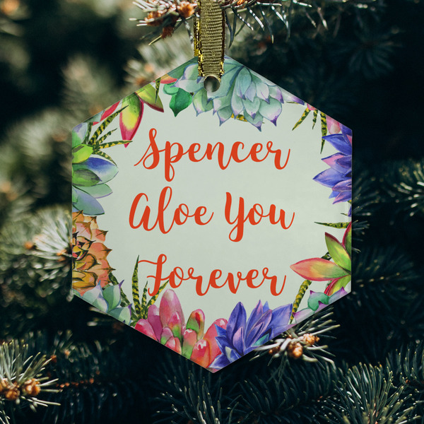 Succulents Frosted Glass Ornament - Hexagon (Lifestyle)