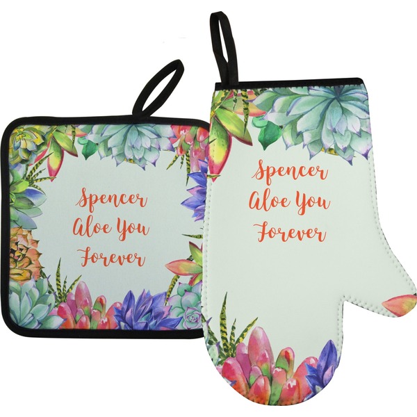 Custom Succulents Right Oven Mitt & Pot Holder Set w/ Name or Text