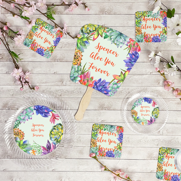 Succulents Party Supplies Combination Image - All items - Plates, Coasters, Fans