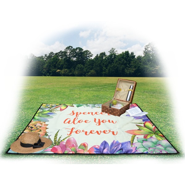 Succulents Picnic Blanket - with Basket Hat and Book - in Use