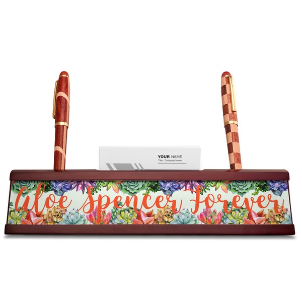 Succulents Red Mahogany Nameplates with Business Card Holder - Straight