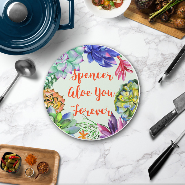 Succulents Round Stone Trivet - In Context View