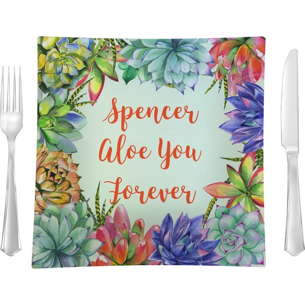 Custom Succulents 9.5" Glass Square Lunch / Dinner Plate- Single or Set of 4 (Personalized)