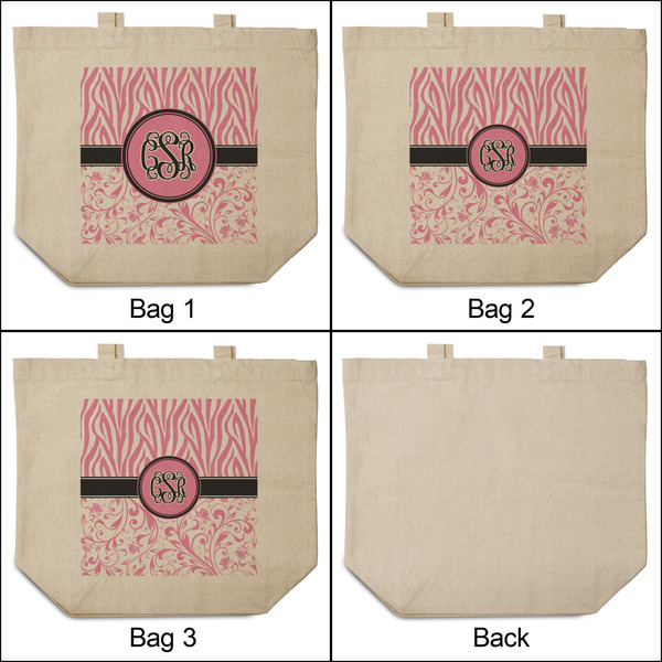 Zebra & Floral 3 Reusable Cotton Grocery Bags - Front & Back View