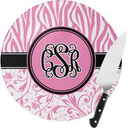 Zebra & Floral Round Glass Cutting Board - Small (Personalized)