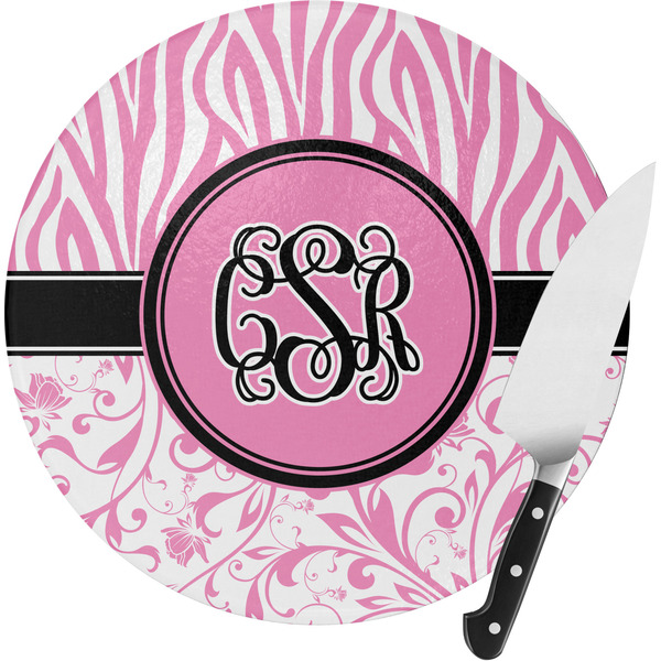 Custom Zebra & Floral Round Glass Cutting Board - Small (Personalized)