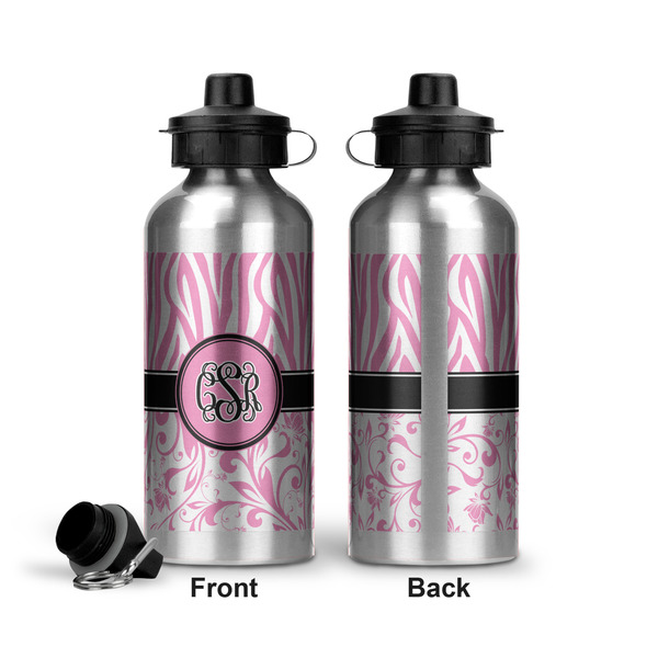 Zebra & Floral Aluminum Water Bottle - Front and Back