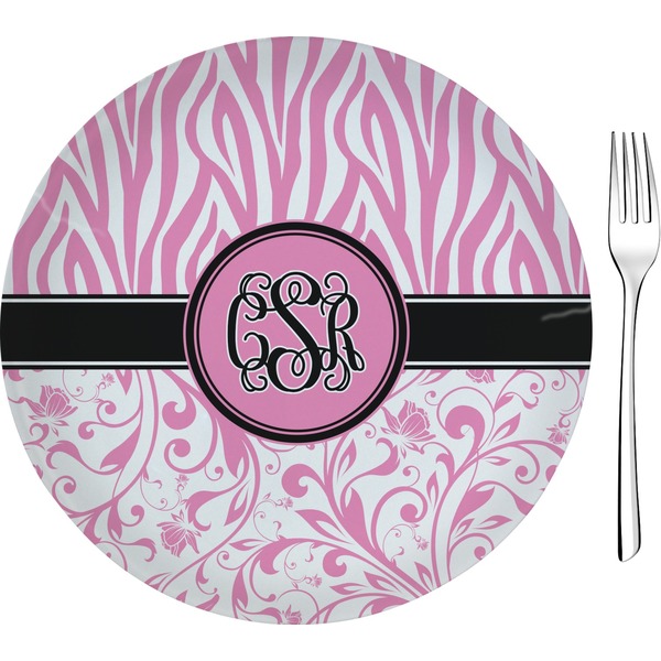 Custom Zebra & Floral Glass Appetizer / Dessert Plate 8" (Personalized)