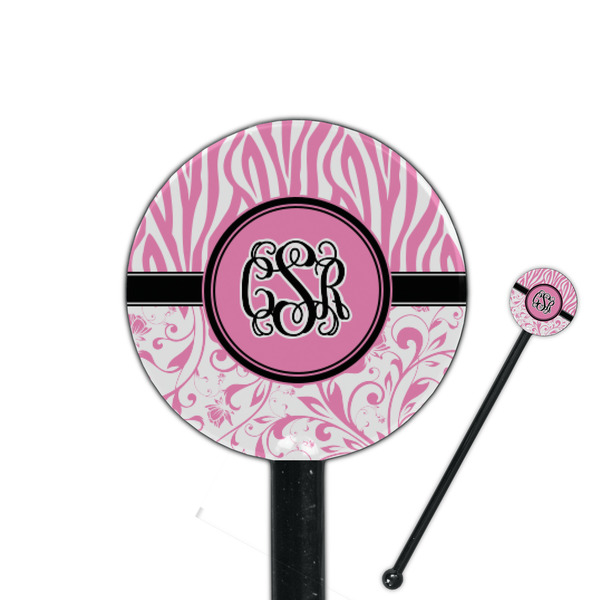 Custom Zebra & Floral 5.5" Round Plastic Stir Sticks - Black - Single Sided (Personalized)