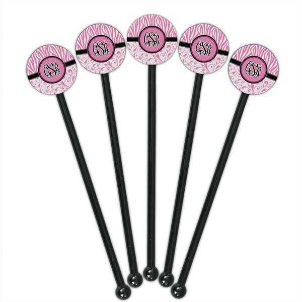 Zebra & Floral Black Plastic 5.5" Stir Stick - Round - Fan View
