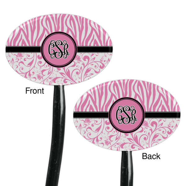Zebra & Floral Black Plastic 7" Stir Stick - Double Sided - Oval - Front & Back