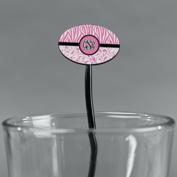 Zebra & Floral Black Plastic 7" Stir Stick - Oval - Main