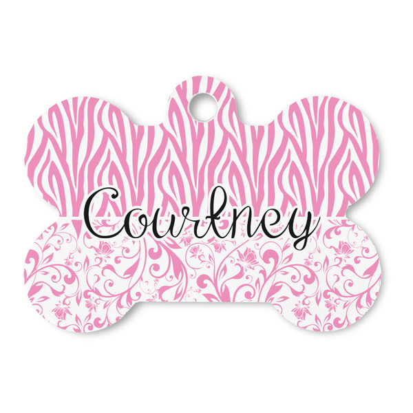 Custom Zebra & Floral Bone Shaped Dog ID Tag - Large (Personalized)