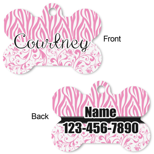Zebra & Floral Bone Shaped Dog Tag - Front & Back