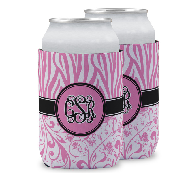Custom Zebra & Floral Can Cooler (12 oz) w/ Monogram