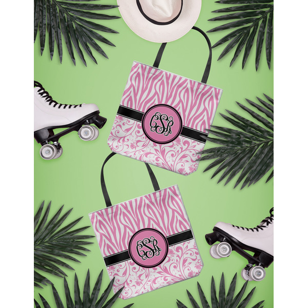Zebra & Floral Canvas Tote Lifestyle Front and Back- 13x13