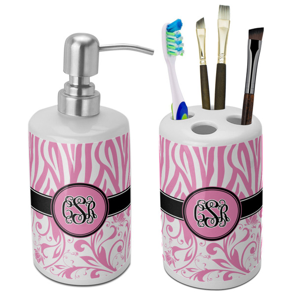 Custom Zebra & Floral Ceramic Bathroom Accessories Set (Personalized)