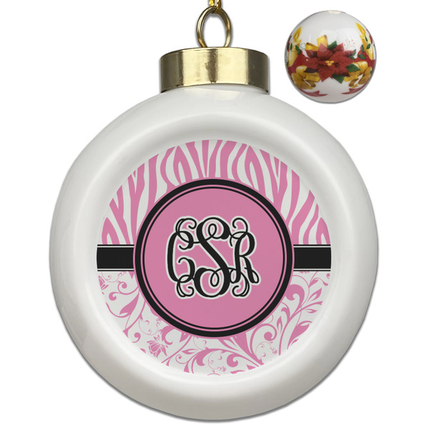 Custom Zebra & Floral Ceramic Ball Ornaments - Poinsettia Garland (Personalized)