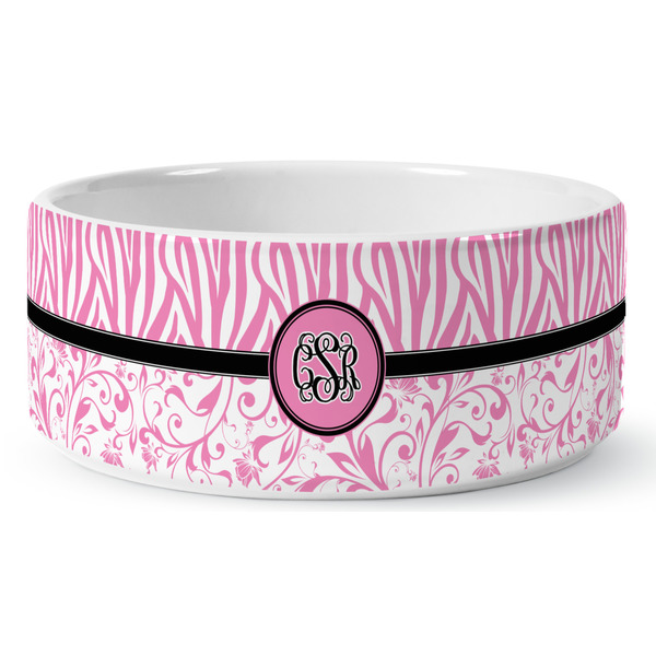 Zebra & Floral Ceramic Dog Bowl - Medium - Front
