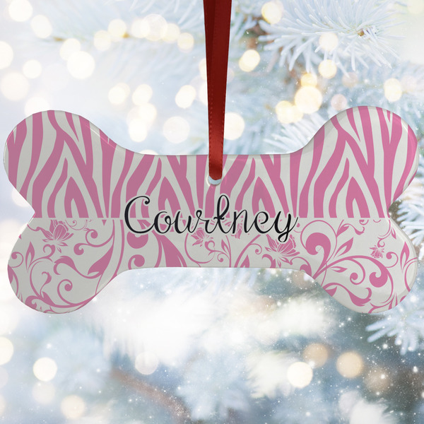 Custom Zebra & Floral Ceramic Dog Ornament w/ Monograms