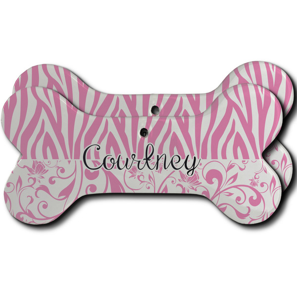 Custom Zebra & Floral Ceramic Dog Ornament - Front & Back w/ Monogram