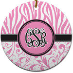 Zebra & Floral Round Ceramic Ornament w/ Monogram