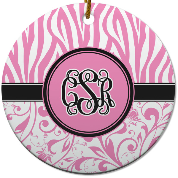 Custom Zebra & Floral Round Ceramic Ornament w/ Monogram