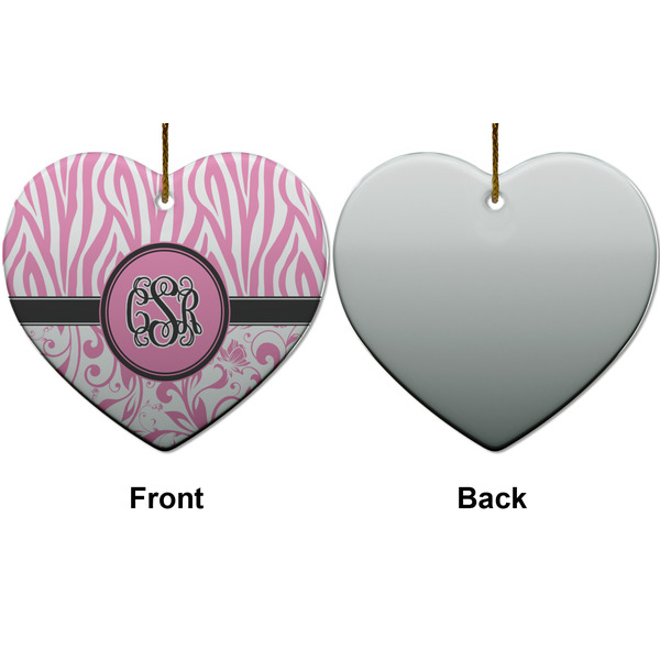 Zebra & Floral Ceramic Flat Ornament - Heart Front & Back (APPROVAL)
