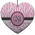 Zebra & Floral Heart Ceramic Ornament w/ Monogram