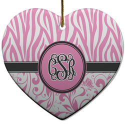 Zebra & Floral Heart Ceramic Ornament w/ Monogram