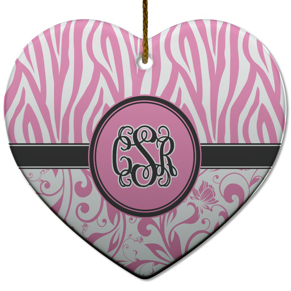 Custom Zebra & Floral Heart Ceramic Ornament w/ Monogram