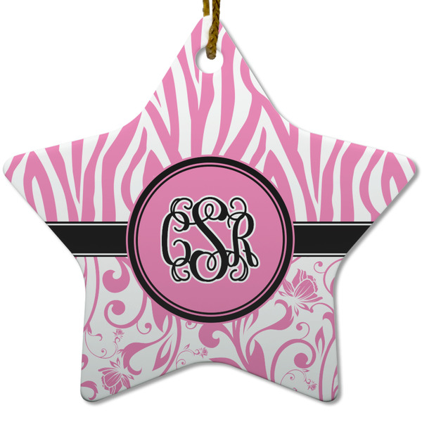 Custom Zebra & Floral Star Ceramic Ornament w/ Monogram