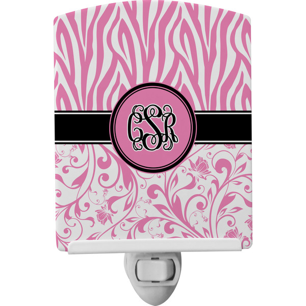 Custom Zebra & Floral Ceramic Night Light w/ Monogram