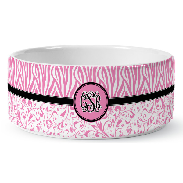 Custom Zebra & Floral Ceramic Dog Bowl - Medium (Personalized)