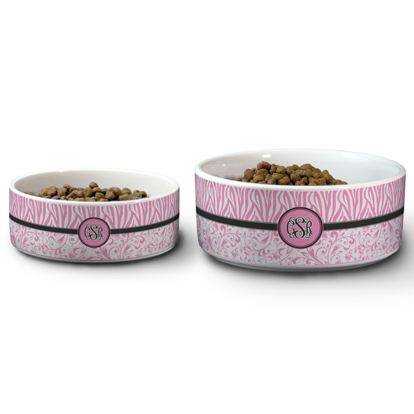 Zebra & Floral Ceramic Dog Bowls - Size Comparison