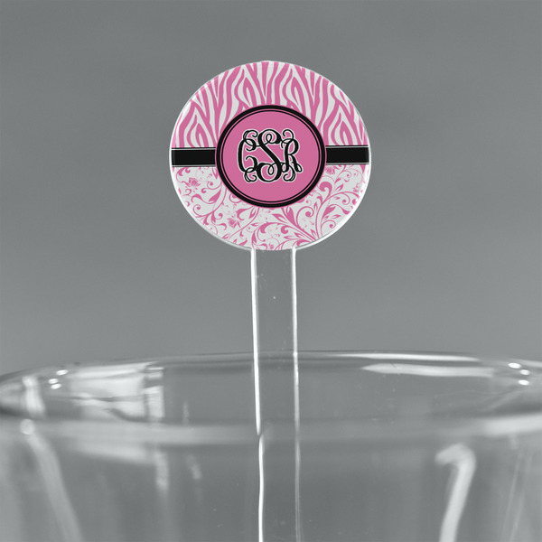 Custom Zebra & Floral 7" Round Plastic Stir Sticks - Clear (Personalized)