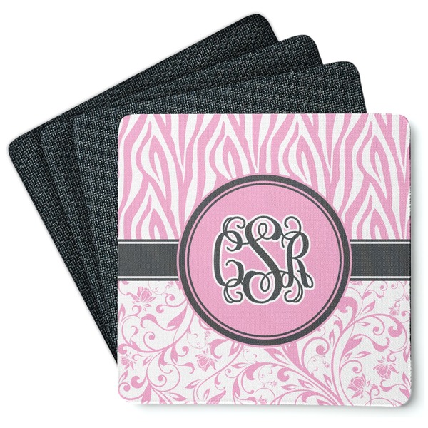 Custom Zebra & Floral Square Rubber Backed Coasters - Set of 4 (Personalized)