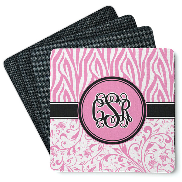 Custom Zebra & Floral Square Rubber Backed Coasters - Set of 4 (Personalized)