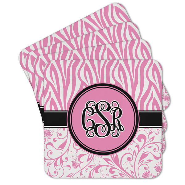 Custom Zebra & Floral Cork Coaster - Set of 4 w/ Monogram