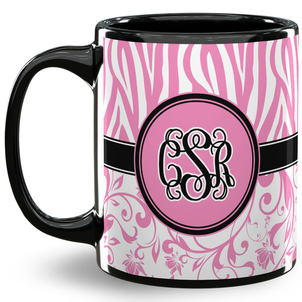 Custom Zebra & Floral 11 Oz Coffee Mug - Black (Personalized)