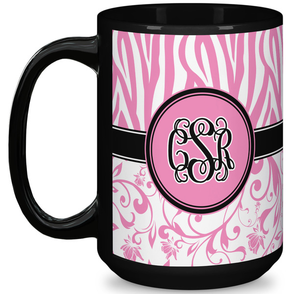 Custom Zebra & Floral 15 Oz Coffee Mug - Black (Personalized)