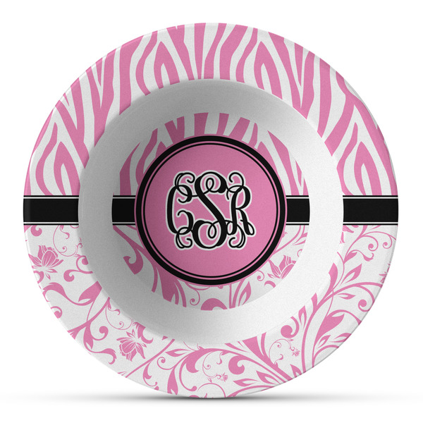 Custom Zebra & Floral Plastic Bowl - Microwave Safe - Composite Polymer (Personalized)